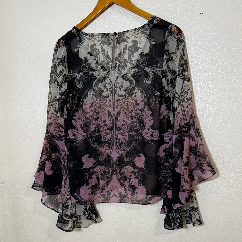 Boston Proper Women Blouse 2 Black Plum‎ Damask Bell Sleeve Whimsigoth Romantic - Picture 6 of 11